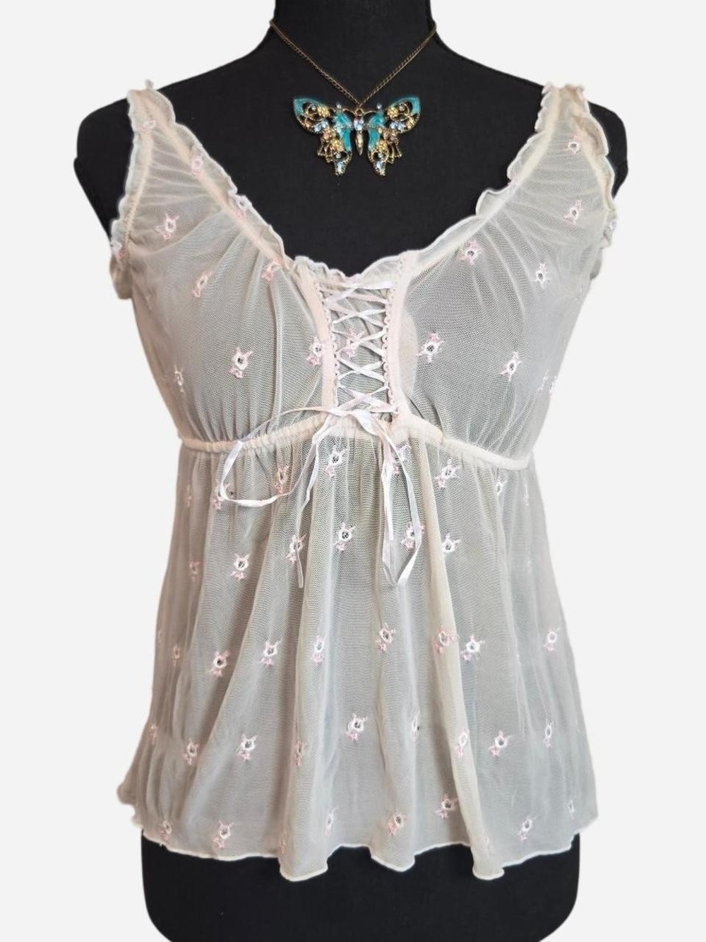 Euro Y2K Sheer Lace-Up Embroidered Camisole in Cream and Pink Milkmaid Details L